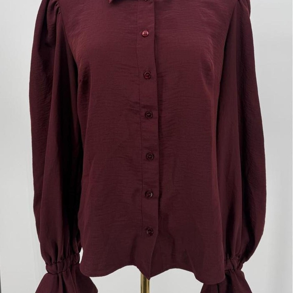 ASOS DESIGN Burgundy Puffed Sleeve Button Up Blouse Top Burgundy Red US 6